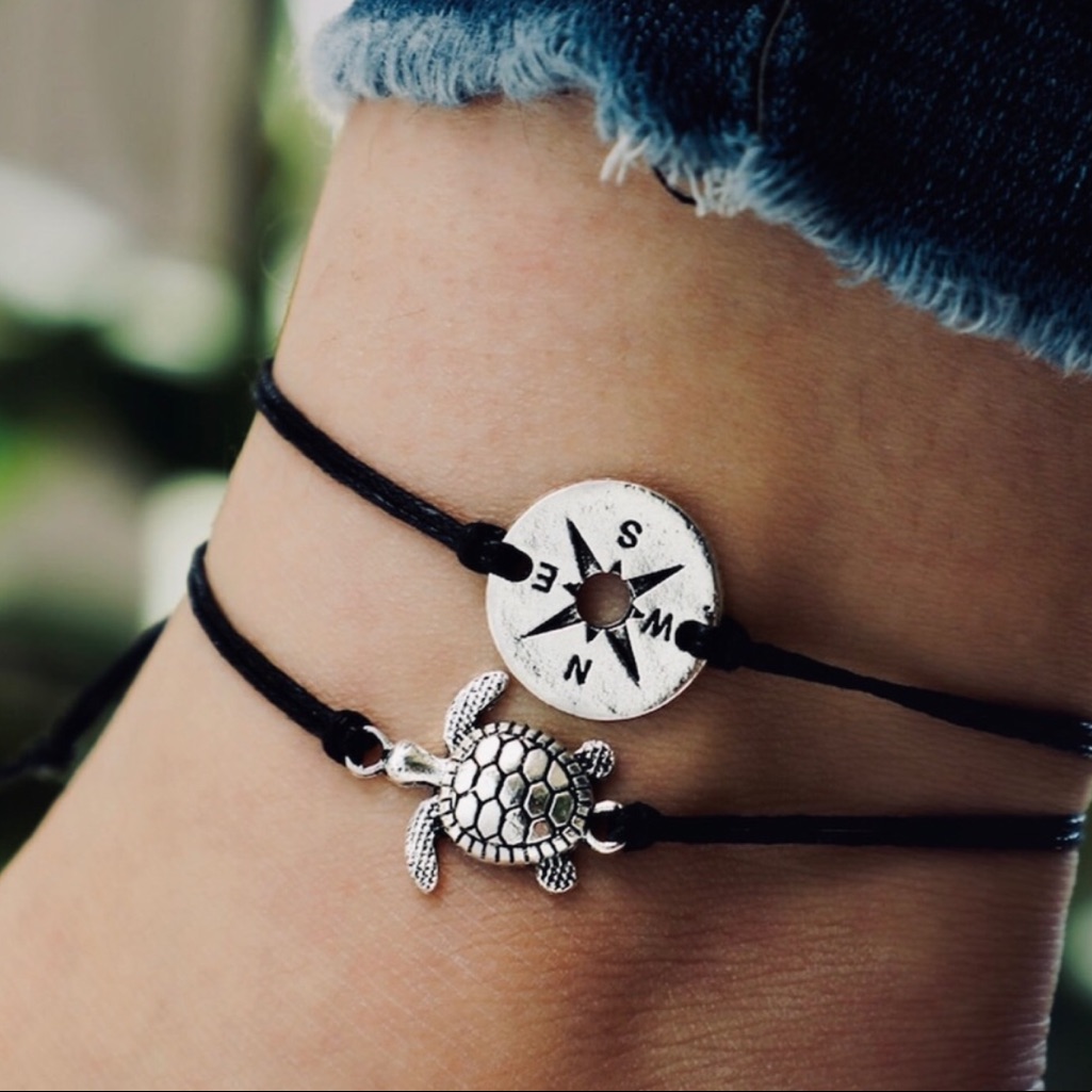 Black 2 Piece Turtle/Compass Anklet